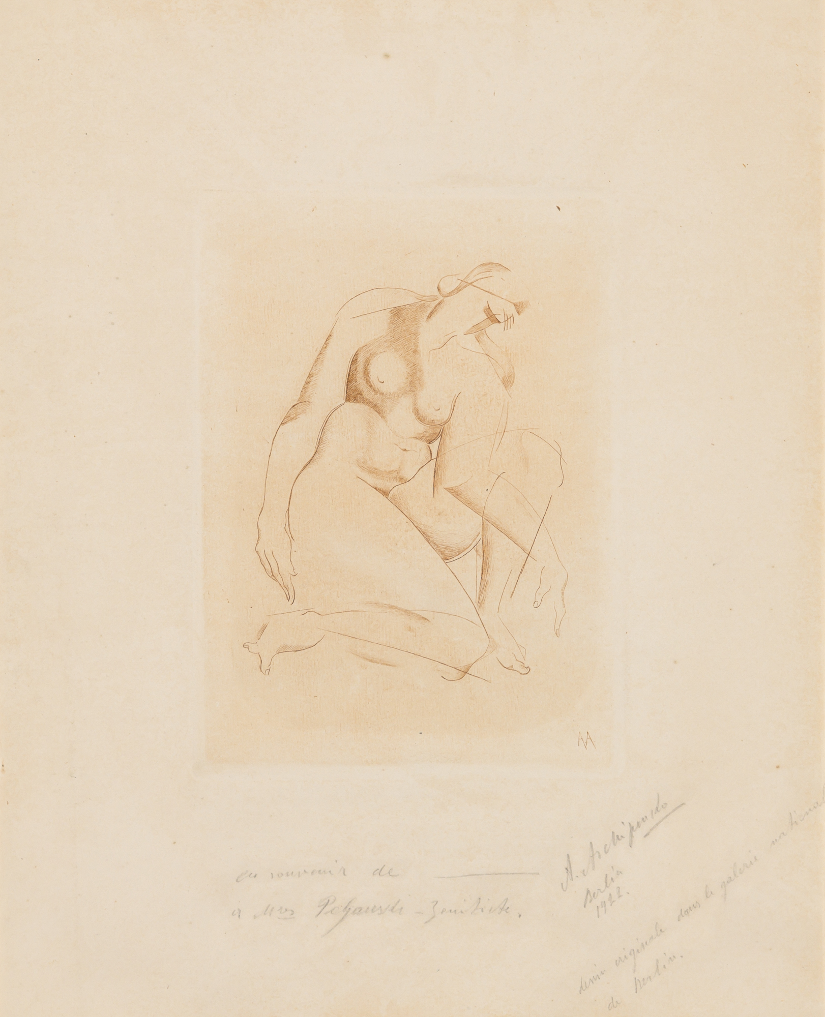 Alexander Archipenko, Kneeling, 1920, drypoint engraving