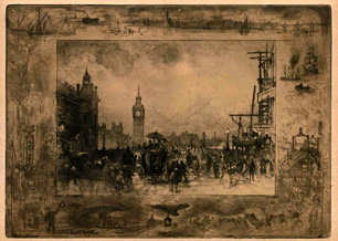 Flix Buhot, etching, Westminster Bridge