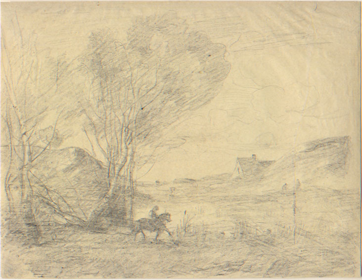 Corot, lithographie, Cavalier dans les Roseaux