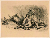 Eugne Delacroix, Lioness clawing an Arab's Chest, soft-ground etching