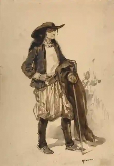 Paul Gavarni, Costume de Bretagne, ink wash drawing (lavis d'encre), ca. 1834