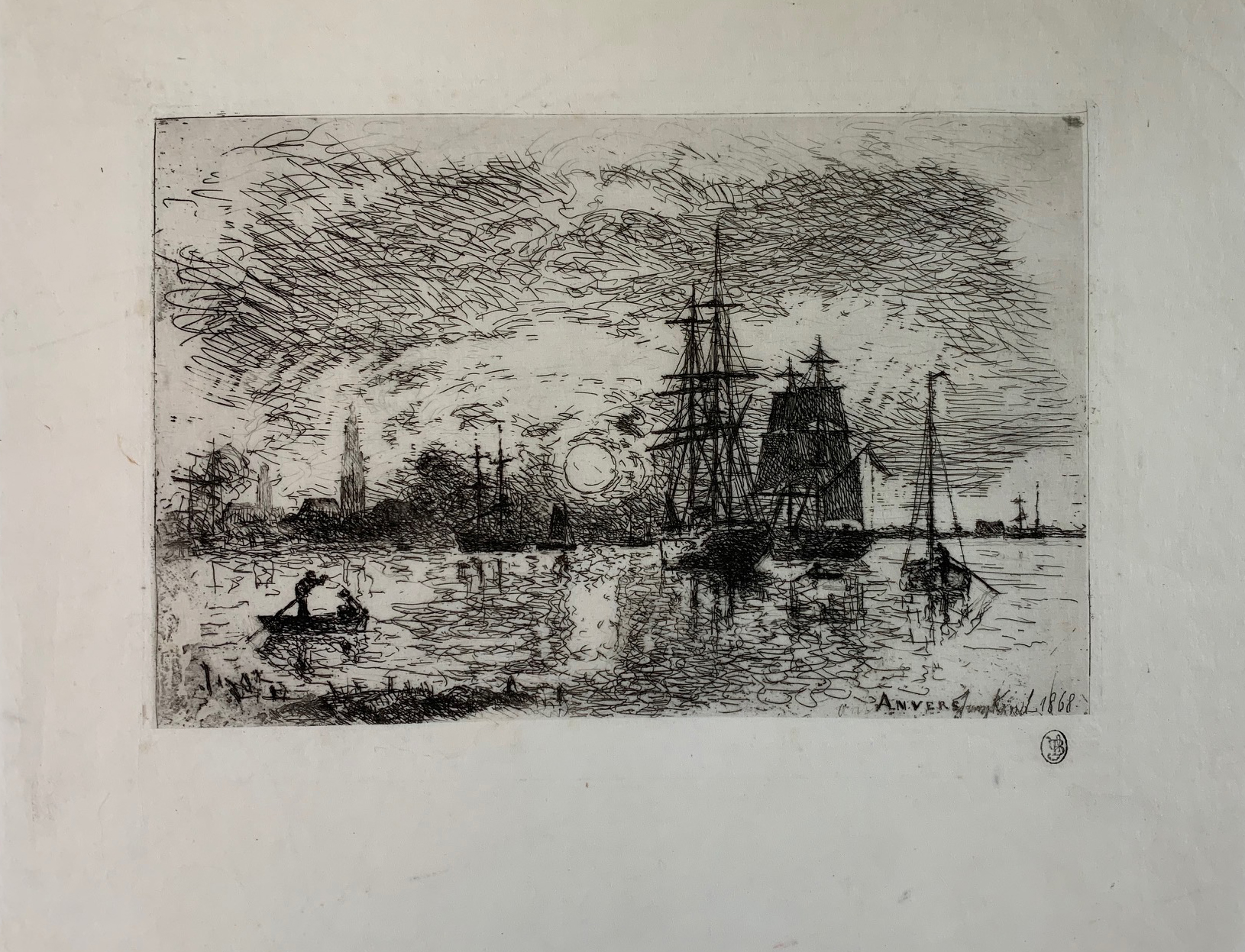 Johan Barthold Jongkind, Soleil Couchant, Port d'Anvers, etching 1868