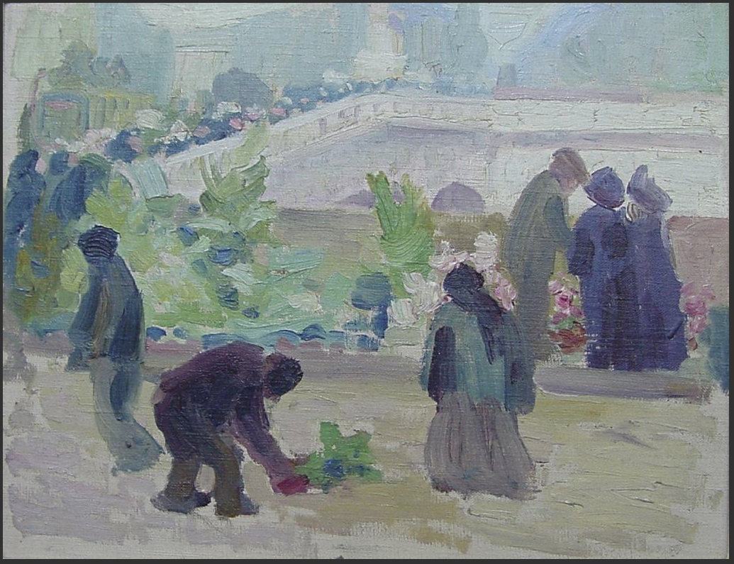 Maximilien Luce, Vendeurs autour d'un Pont, March aux Fleurs, oil on canvas, circa 1890-1895