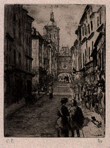 Camille Pissarro, Rue du Gros-Horloge, Rouen, etching